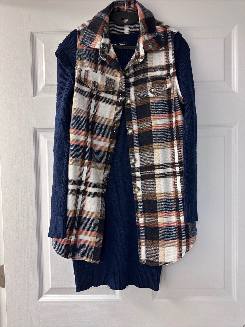 Navy & Plaid Button-Front Vest with Navy Blue sweater dress.